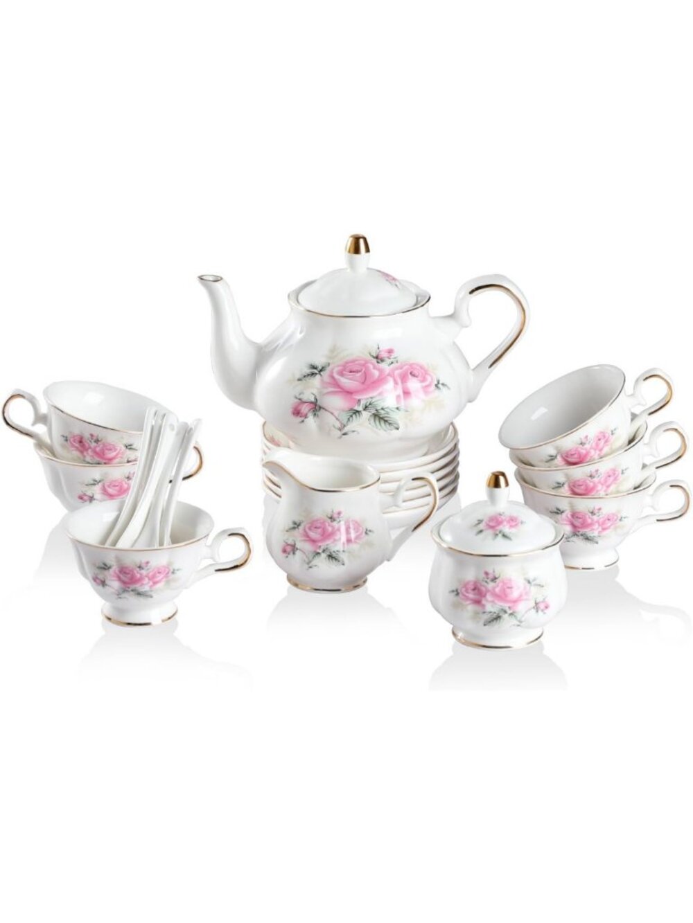 Vintage Floral Porcelain Tea Set, 22-Piece with Teapot, Cups, Saucers & Gold Rim